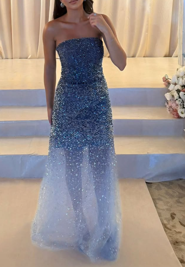 Shiny Navy Blue Ombre A Line Strapless Sequin Prom Dress Evening Dress DP4678