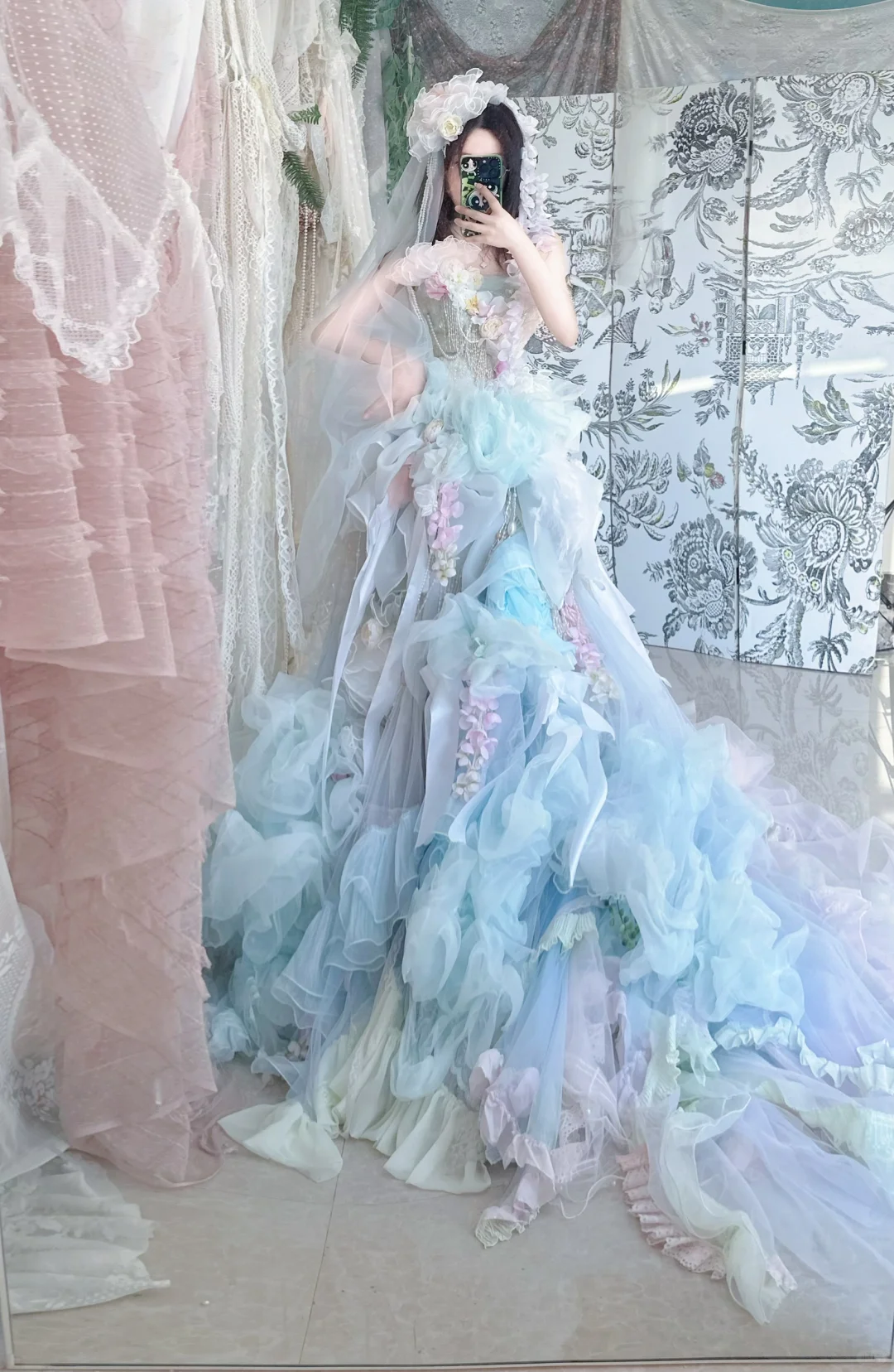 Blue Ball Gown Strapless Floral Beaded Organza Prom Dress 16th Birthday Dress DP3798