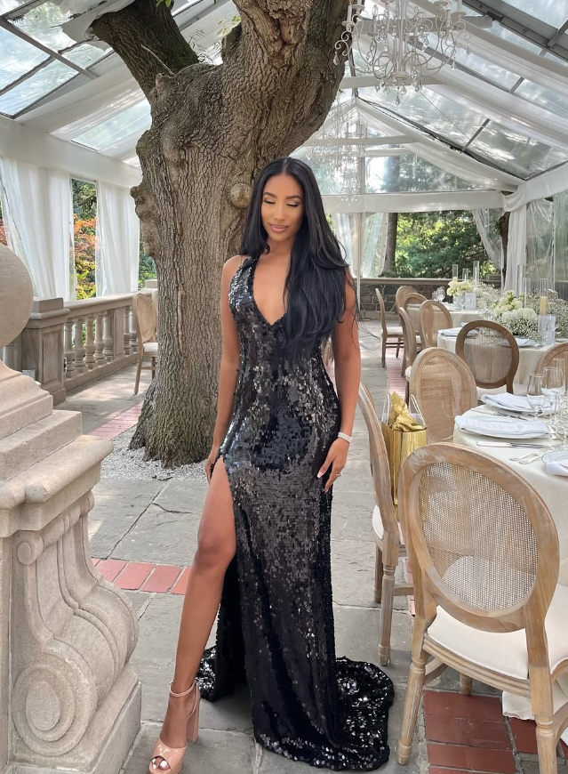 Sexy Sheath V Neck Black Sequin Long Sweep Prom Dress Graduation Prom Dress DP2116