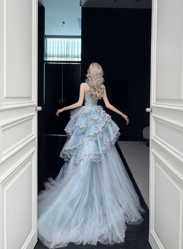 Baby Blue Ball Gown Strapless Shiny Beaded Layered Tulle Prom Dress Quinceanera Dress DP6611