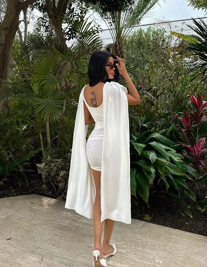 White Sexy Sheath Pleated Satin Short Homecoming Dress Cocktail Dress with Cape DP3197