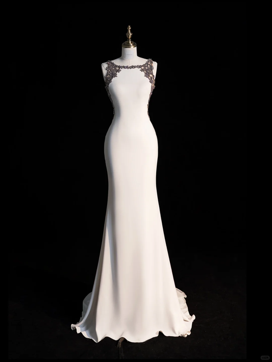 Elegant Mermaid Strap Beaded White Satin Long Prom Dress Evening Dress DP2183