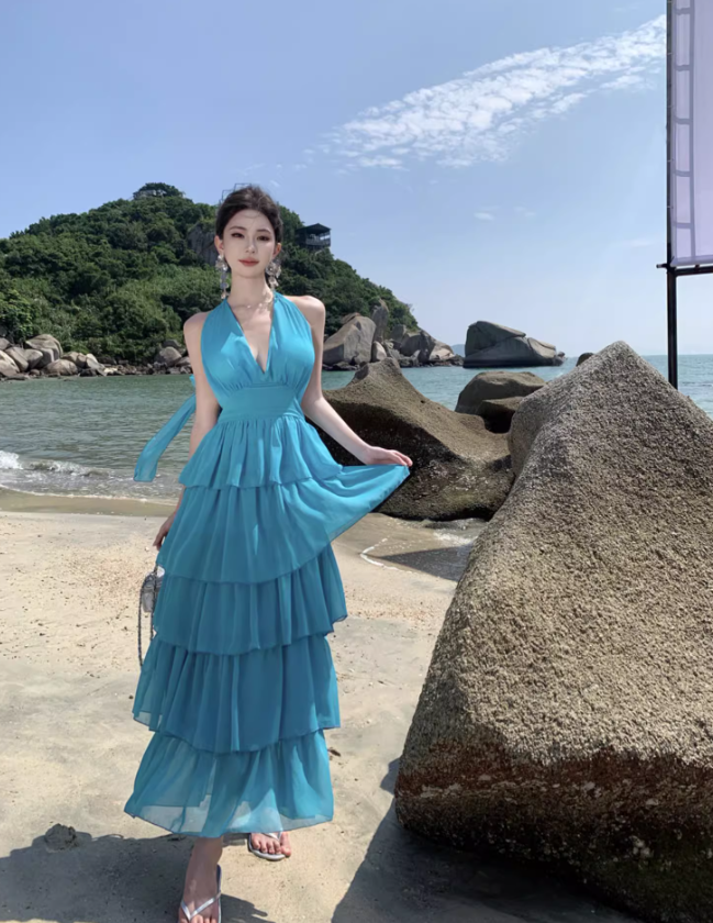 Blue Backless A Line Halter Layered Chiffon Long Vacation Dress Outfits DP3401
