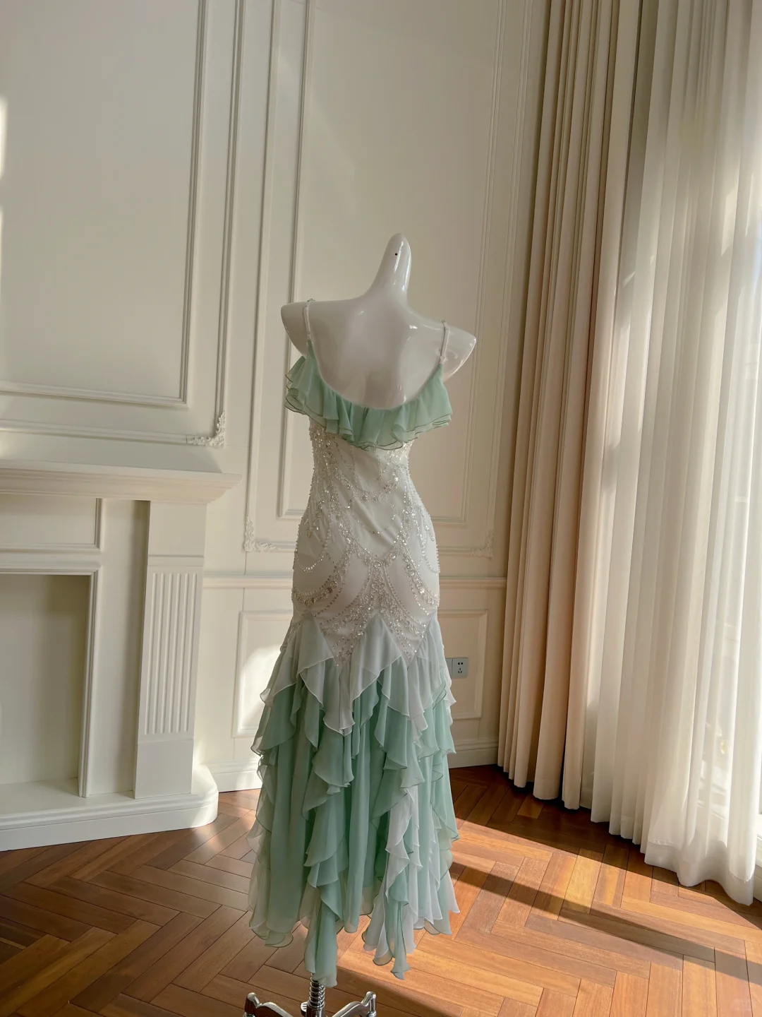 Stunning Mermaid Spaghetti Strap Beaded Ruffle Green White Chiffon Prom Dress Evening Dress DP2491