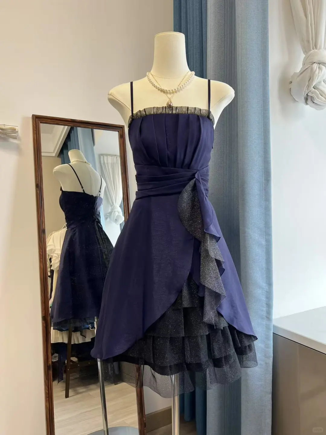 Vintage A Line Spaghetti Strap Tulle Navy Blue Satin Short Homecoming Dress Cocktail Dress DP2481