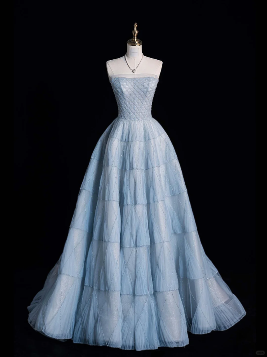 Gentle A Line Strapless Tiered Baby Blue Tulle Prom Dress Graduation Prom Dress DP2192