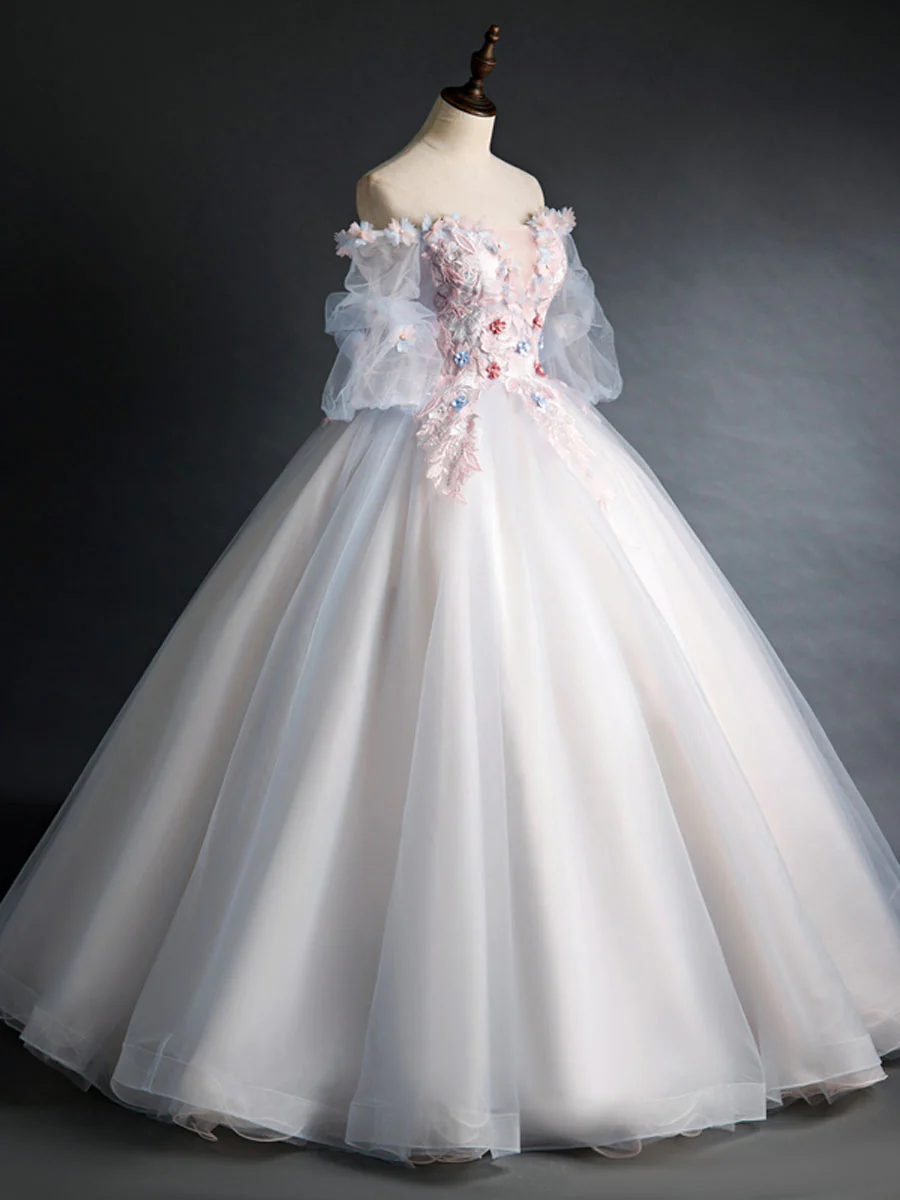 Pink Tulle Lace Appliques Long Prom Dress Sweet 16 Ball Gown Quinceanera Dress DP087