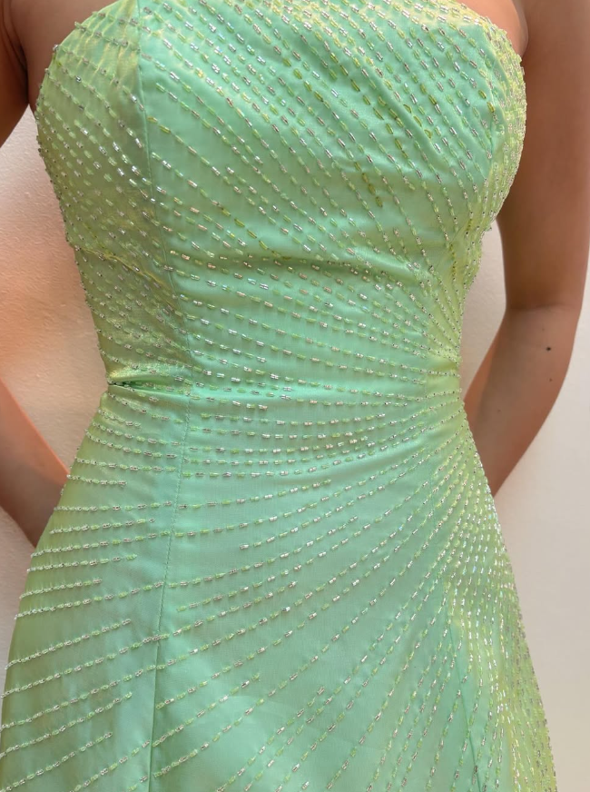 Simple A Line Strapless Beaded Green Satin Long Prom Dress Evening Dress DP1746