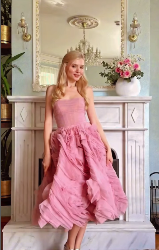 Classic Pink A Line Strapless Pleated Floral Tulle 16th Birthday Dress Prom Dress Formal Dress DP3337