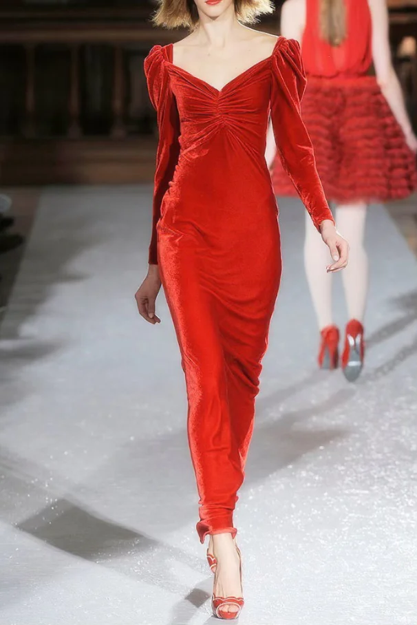 Simple Sheath Long Sleeve Pleated Red Velvet Prom Dress Evening Dress DP4471