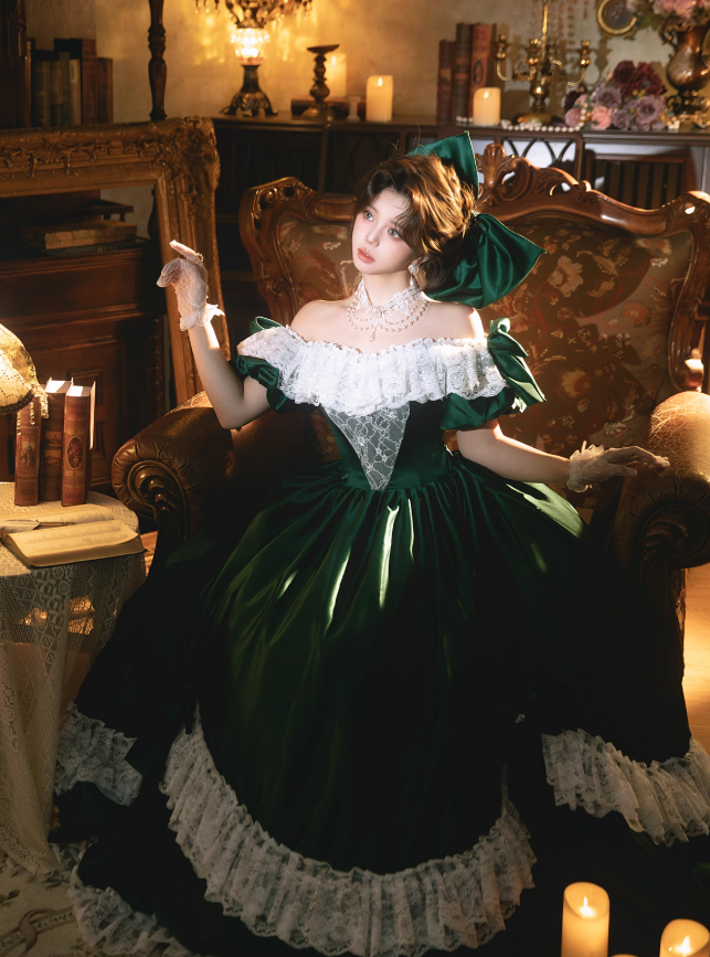 Classic Ball Gown Off the Shoulder Lace Green Satin Prom Dress 16th Birthday Dress DP3567
