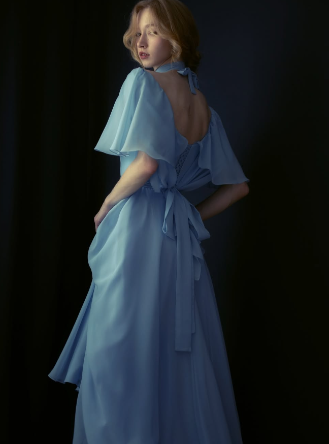 Flowy Chambray Blue A Line Long Sleeve Prom Dress Evening Dress Formal Dress DP3153