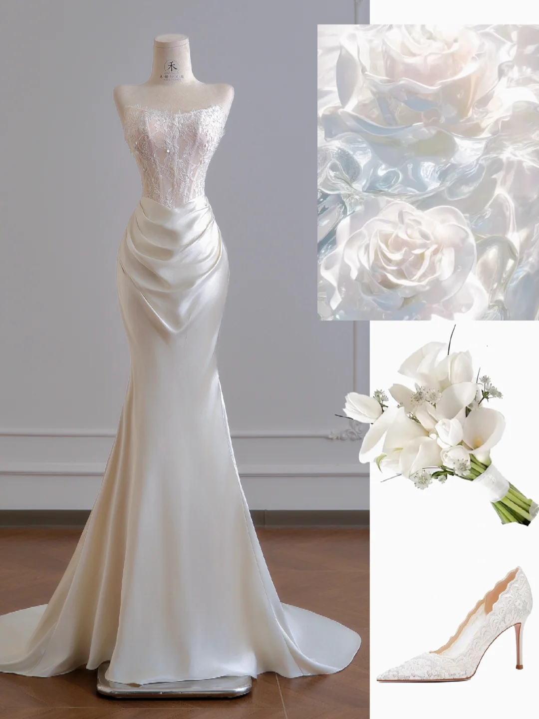 White Mermaid Strapless Lace Satin Long Prom Dresses Wedding Dresses DP4187