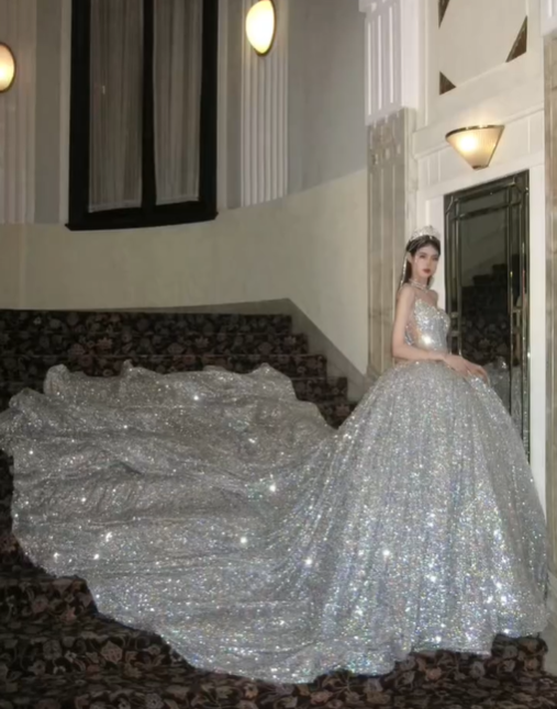 Shiny A Line Strapless Silver Sequin Long Prom Dress Graduation Prom Dress DP1971