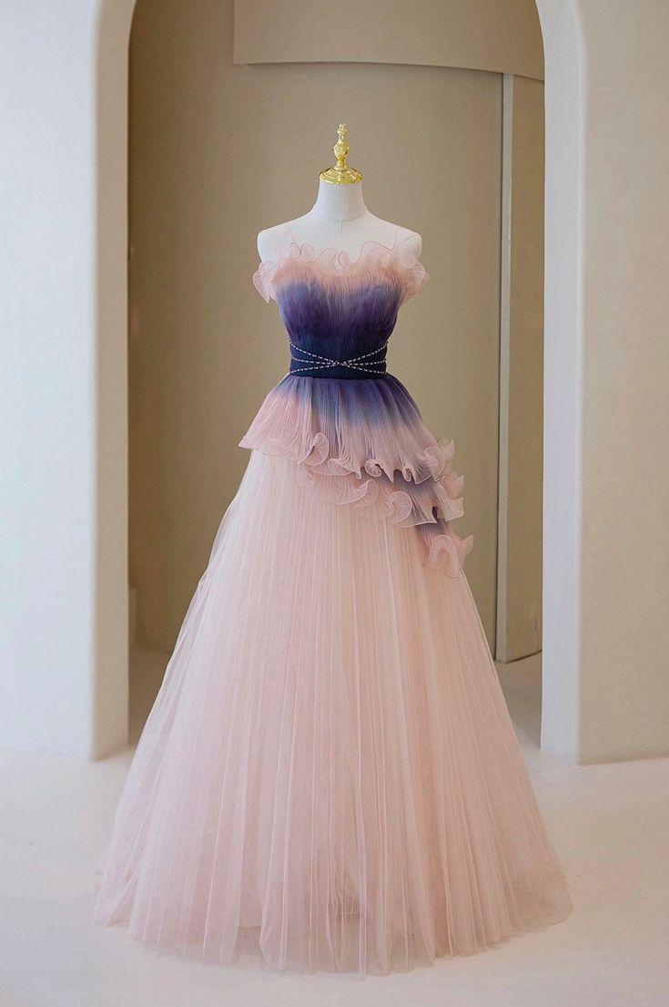 Unique Ombre Long Tulle Prom Dress Strapless Evening Party Dress DP493