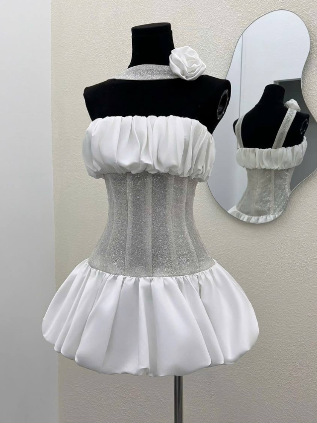 Cute Strapless Silver Sequin White Satin Short Homecoming Dress Date Dress DP2957