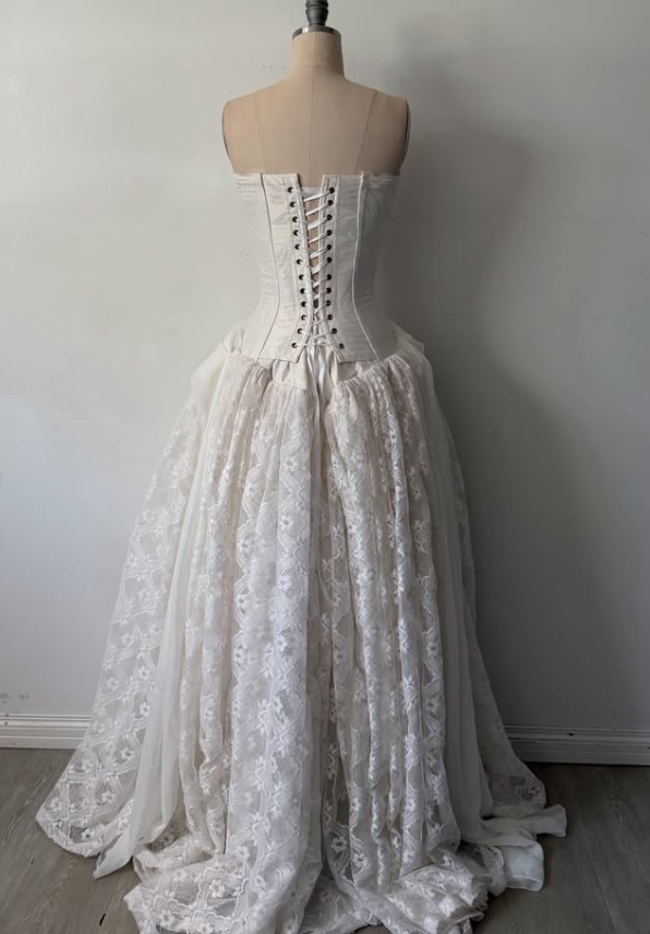 Vintage White A Line Strapless Lace Long Prom Dress Evening Dress DP7882
