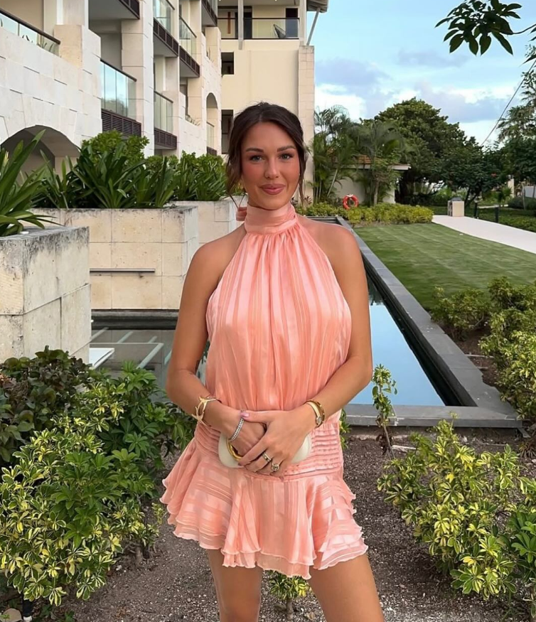 Pink A Line Halter Satin Short Open Back Homecoming Dress Birthday Dress DP4013