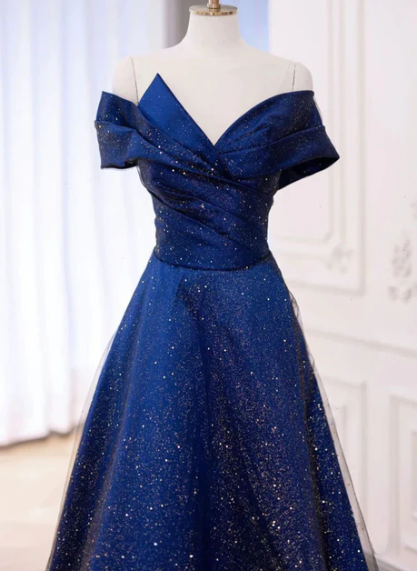 Shiny Blue Satin Tulle Long Prom Dress DP383
