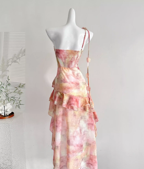 Multi-color Pink A Line One Shoulder Layered Chiffon Vacation Dress Homecoming Dress Outfits DP3543