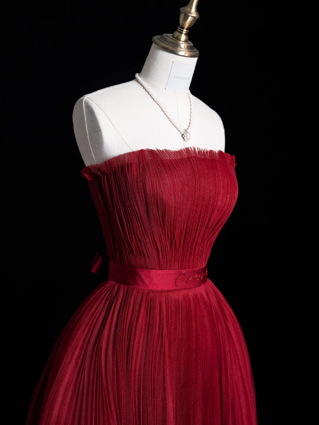 Simple A Line Strapless Burgundy Tulle Long Prom Dress Evening Dress DP2090