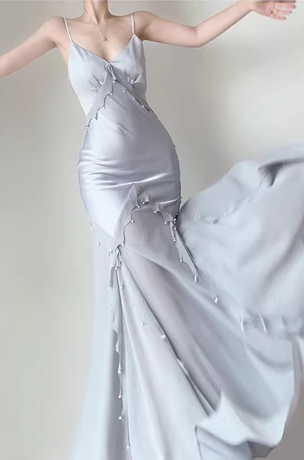 Gentle Mermaid Spaghetti Strap Pearl Chiffon Satin Prom Dress Evening Dress Party Dress DP3583