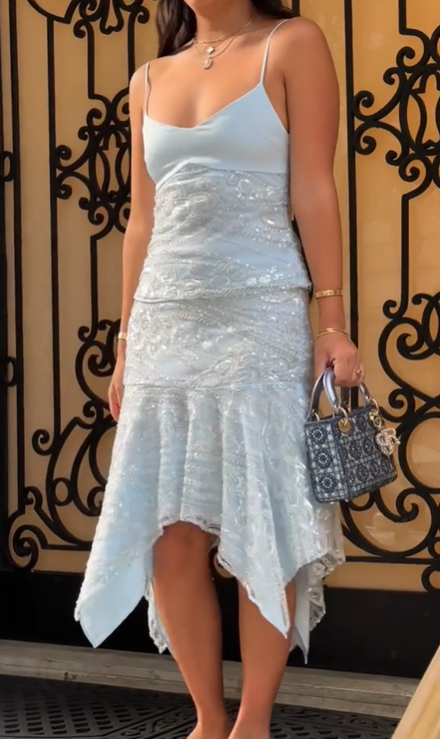 Baby Blue Mermaid Spaghetti Strap Beaded Satin Homecoming Dress Cocktail Dress DP3076