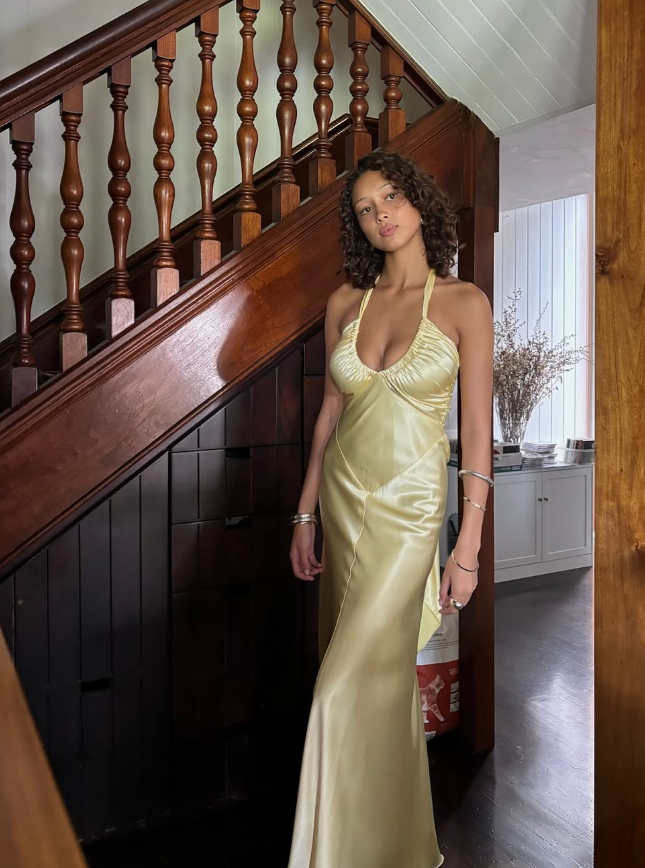 Elegant A Line Halter Yellow Bow Satin Open Back Prom Dress Graduation Prom Dress DP2167