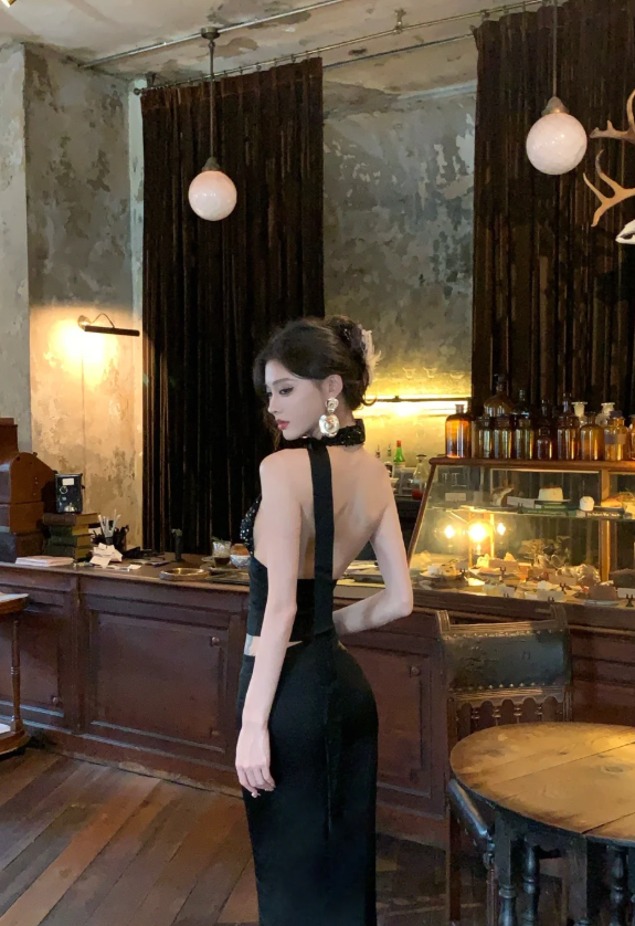 Black Sexy Two Piece Halter Sequin Satin Long Prom Dress Evening Dress Party Dress DP3136
