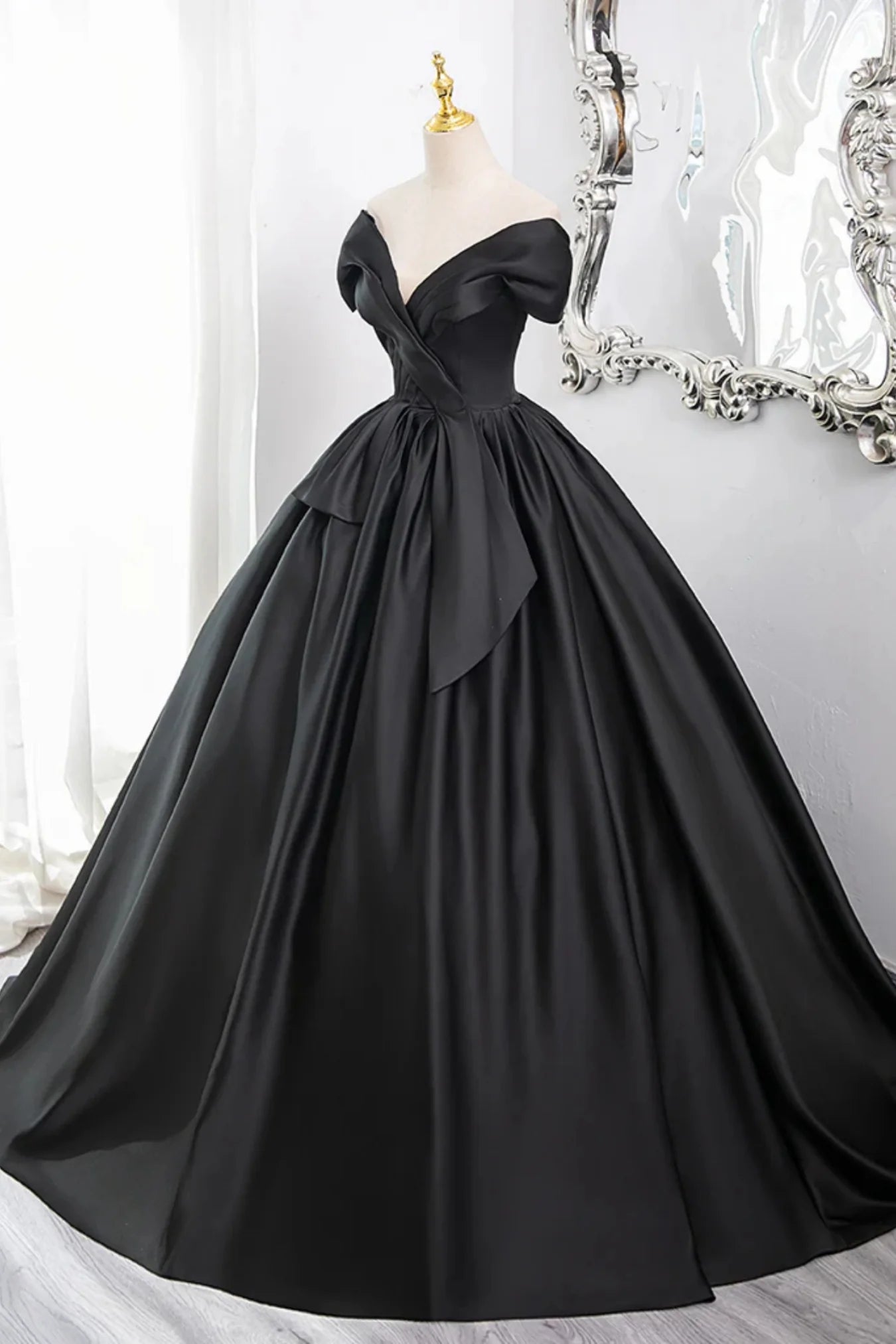 Elegant A Line Off the Shoulder Black Satin Long Prom Dress Evening Dress DP1302