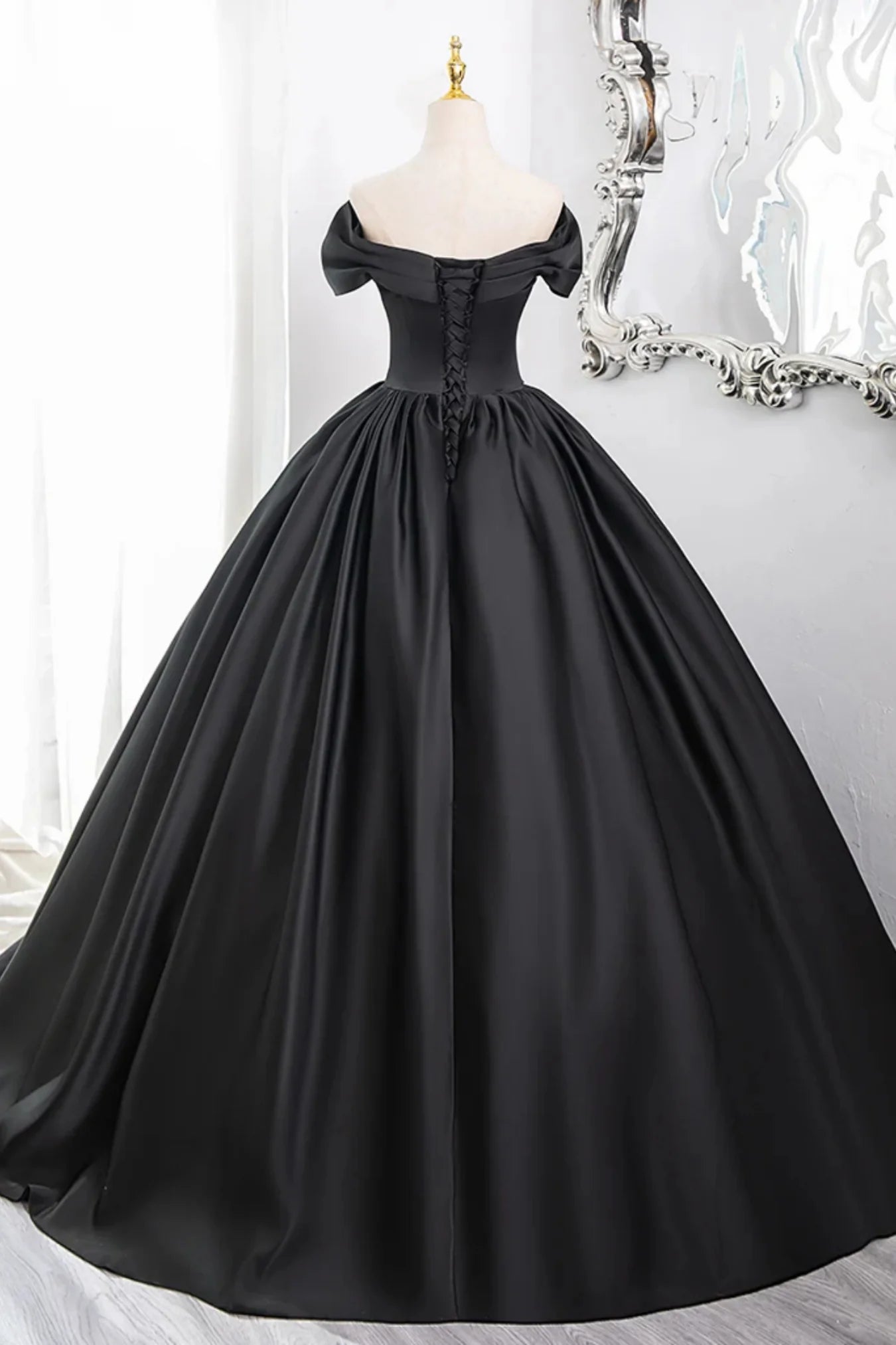 Elegant A Line Off the Shoulder Black Satin Long Prom Dress Evening Dress DP1302