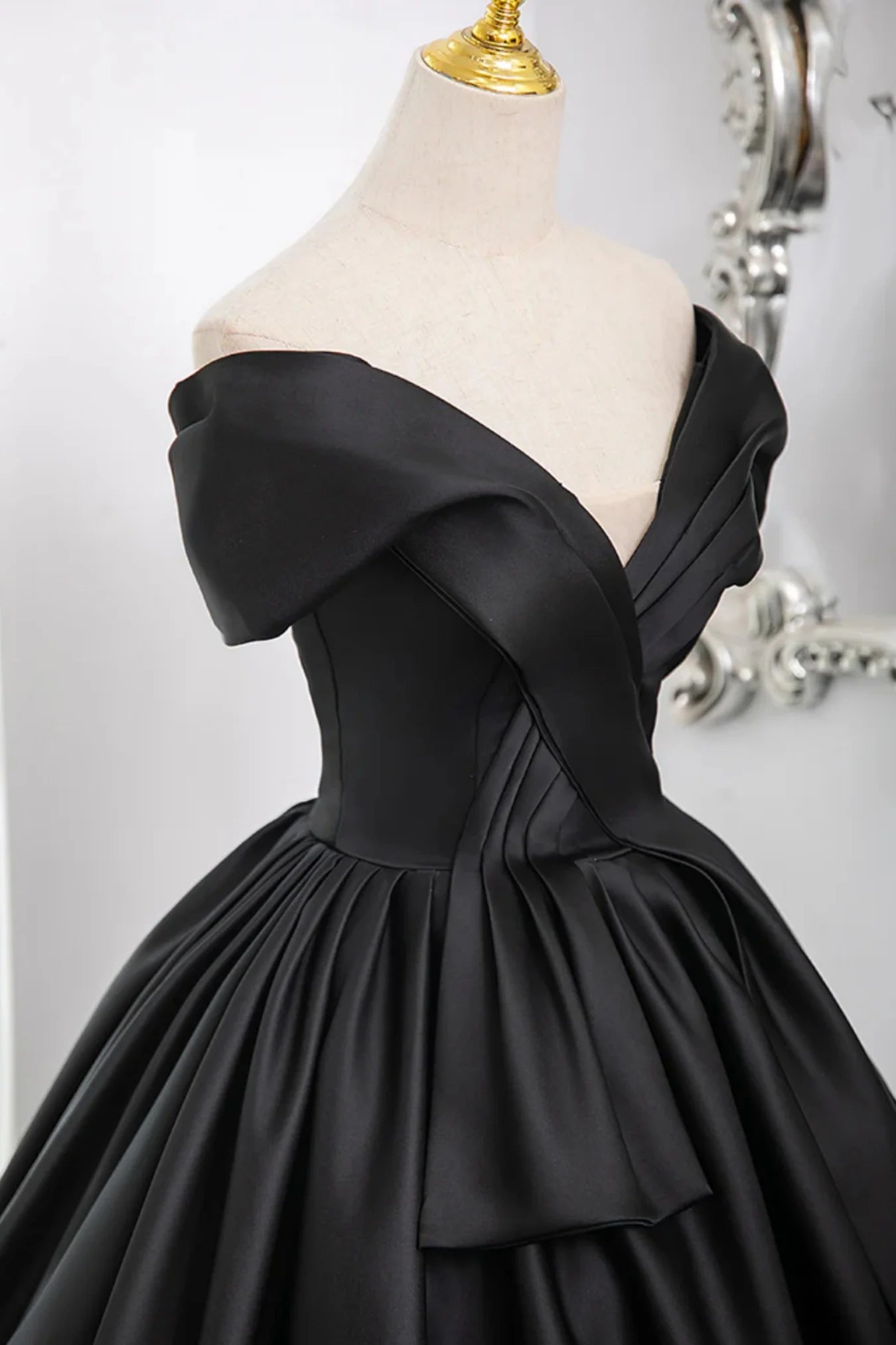 Elegant A Line Off the Shoulder Black Satin Long Prom Dress Evening Dress DP1302