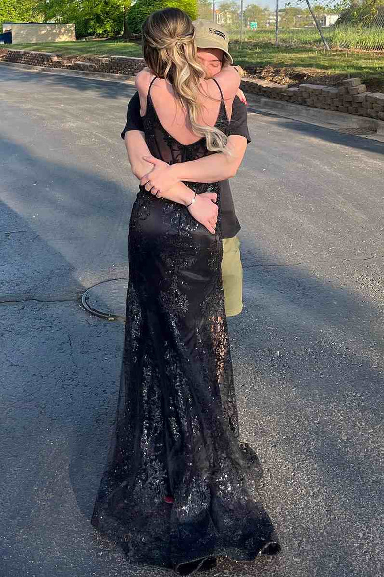 Black Mermaid Strapless V-Neck Appliques Beaded Tulle Long Prom Dress DP1191