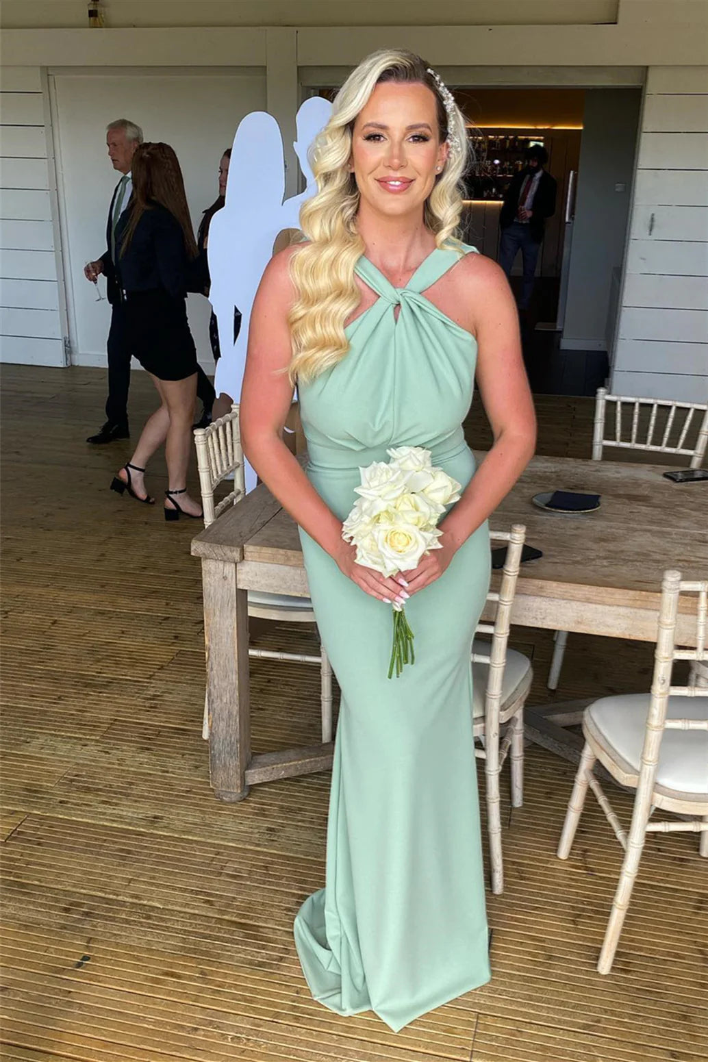 Sheath Halter Bright Blue Satin Backless Bridesmaid Dress DP5854