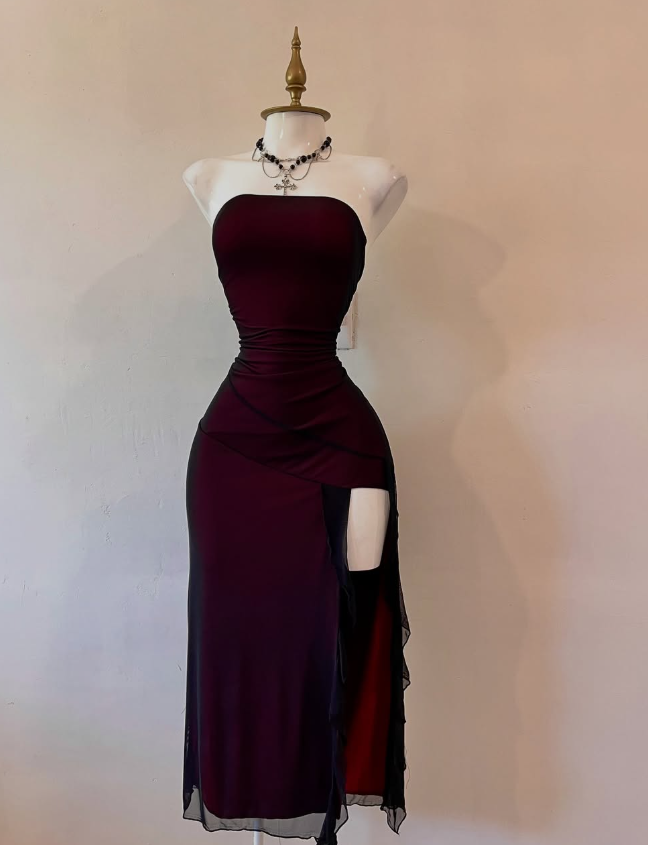 A Line Strapless Black Tulle Burgundy Satin Homecoming Dress Cocktail Dress with Slit DP2891