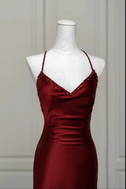 Burgundy Satin Mermaid Beaded Low Back Prom Dress Evening Dress DP380