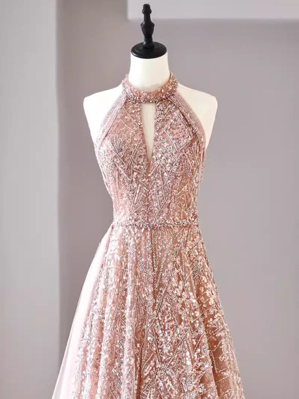 Pretty A Line High Neckline Sequin Long Evening Dress Prom Dress with Beads DP1269