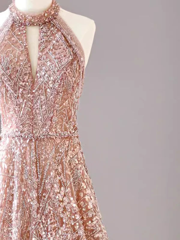 Pretty A Line High Neckline Sequin Long Evening Dress Prom Dress with Beads DP1269