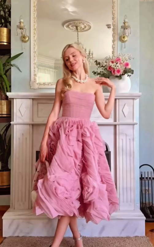Classic Pink A Line Strapless Pleated Floral Tulle 16th Birthday Dress Prom Dress Formal Dress DP3337
