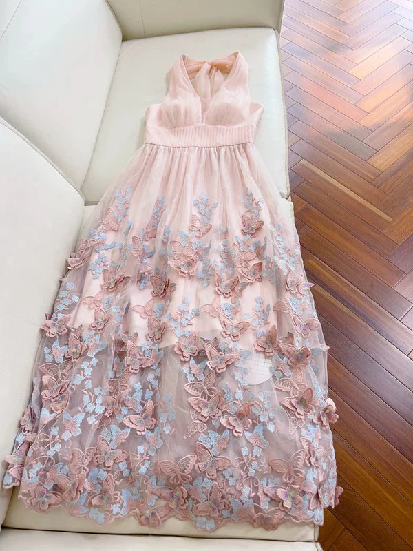 Light Pink A Line Halter Butterfly Appliques Tulle Prom Dress Evening Dress DP1292