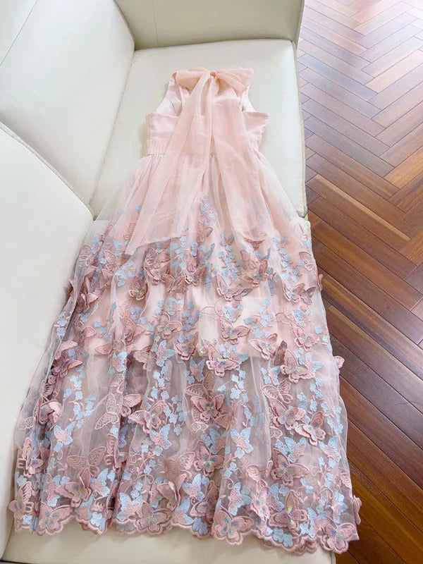 Light Pink A Line Halter Butterfly Appliques Tulle Prom Dress Evening Dress DP1292