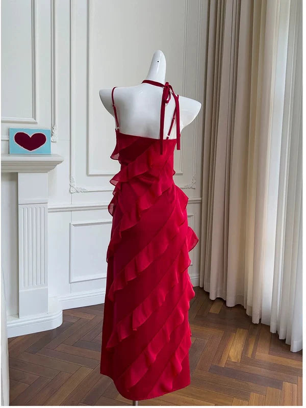 A Line Spaghetti Straps Ruffles Red Chiffon Long Prom Dress Outfits DP1236