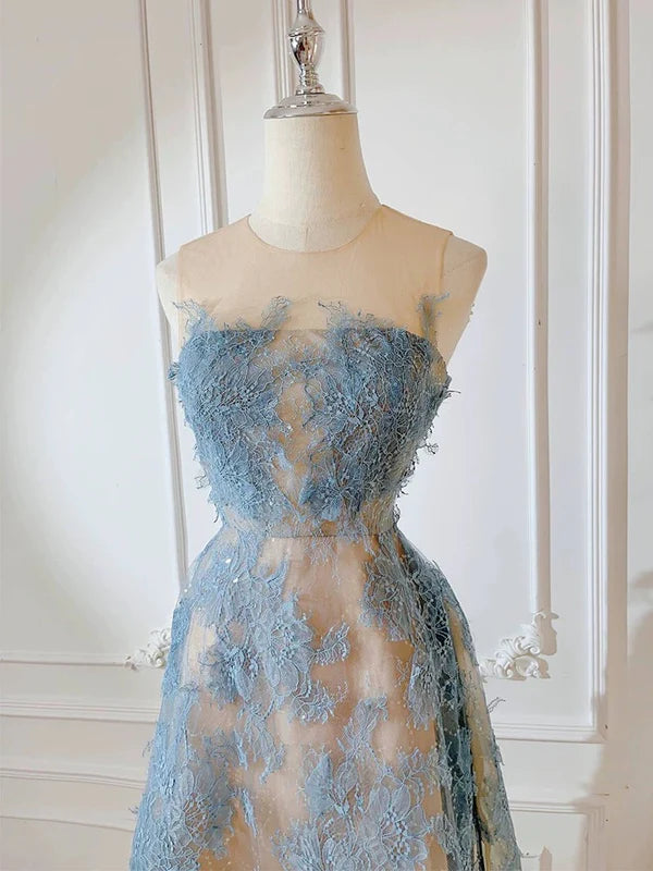 Cute A Line Scoop Neckline Lace Blue Prom Dress Evening Dresses DP1270