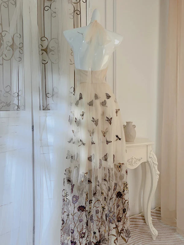 Champagne A Line Halter Butterfly Appliques Tulle Prom Dress Evening Dress DP1239