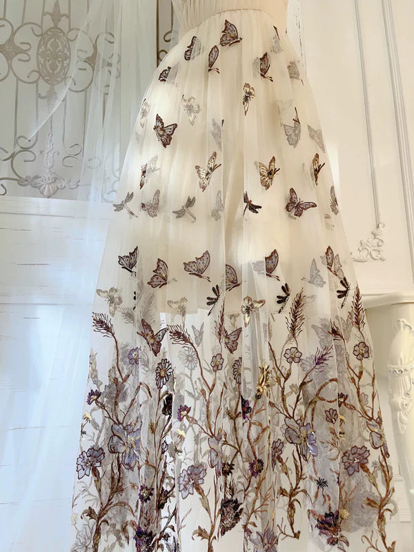 Champagne A Line Halter Butterfly Appliques Tulle Prom Dress Evening Dress DP1239