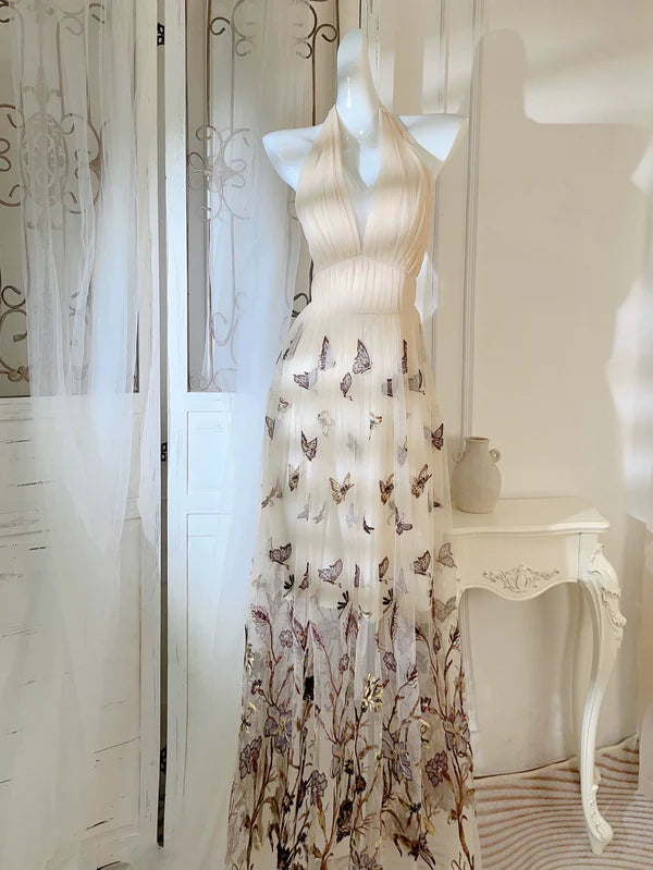 Champagne A Line Halter Butterfly Appliques Tulle Prom Dress Evening Dress DP1239