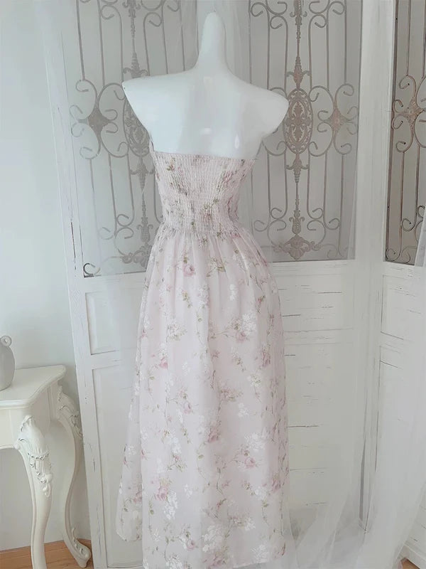 Light Pink A Line Strapless Floral Chiffon Prom Dress Evening Dress DP1305