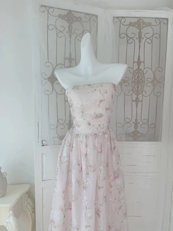 Light Pink A Line Strapless Floral Chiffon Prom Dress Evening Dress DP1305
