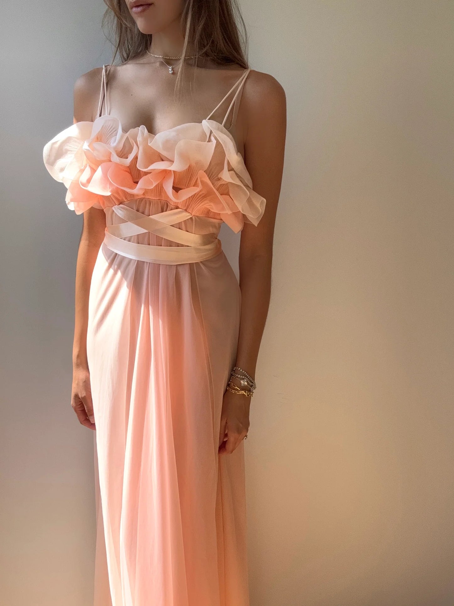 Unique Pink A Line Spaghetti Straps Chiffon Long Prom Dress Party Dress DP3747