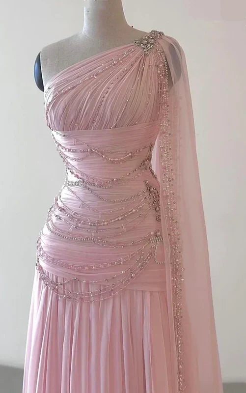 Elegant A Line One Shoulder Beaded Pink Chiffon Long Sweep Prom Dress Evening Dress DP2227